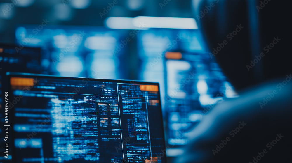 Poster cybersecurity in action: a hooded figure focuses intently on multiple computer screens, illuminated 
