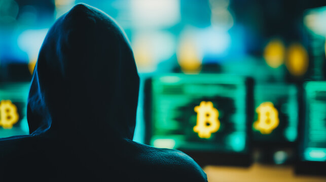 Cyber Intrusion: A hooded figure, immersed in the shadowy depths of digital intrigue, gazes upon a glowing screen displaying digital currency symbols.