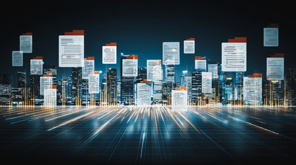 Digital Documents over Cityscape:  A stunning cityscape at night, with glowing digital documents floating above, symbolizing the flow of information and data in a modern metropolis. 