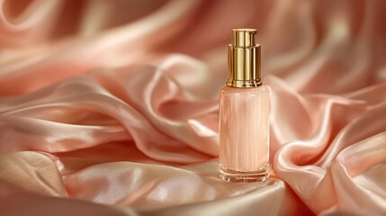 Naklejka premium Elegant beauty product display in Pantone Peach Fuzz, glass bottle with golden lid, peachy silk background