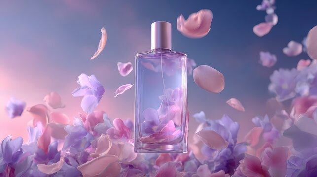Elegant floating bottle of hand soap or skincare essence, surrounded by gently swirling petals