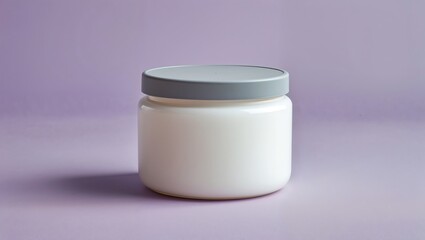 Opaque white jar with grey lid, isolated on soft lilac pastel background, clean aesthetic.