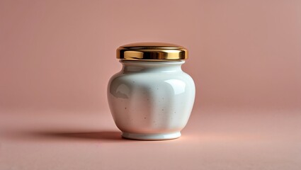 Small porcelain-like jar with gold lid, isolated on blush pink background.
