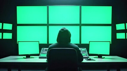 A person in a hoodie sits in front of multiple computer screens displaying green chroma key, in a dark room - Powered by Adobe