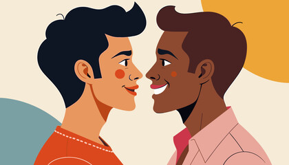 Smiling young men facing each other against a colorful background