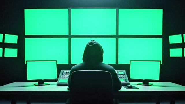 A person in a hoodie sits in front of multiple computer screens displaying green chroma key, in a dark room