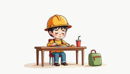 Boy wearing hard hat eating lunch at table