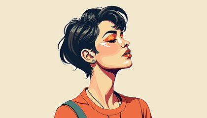 Young woman with short hair enjoying serenity against a light background