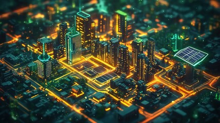 A neon-glowing smart city where renewable energy powers every building