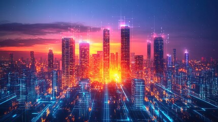 A neon-glowing smart city where renewable energy powers every building