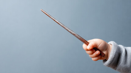 Adorable Baby Hand Holding Magical Wand on a Grey Background