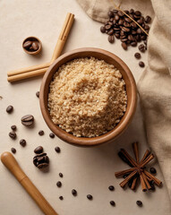 Flat lay of DIY body scrub ingredients on linen, including coffee scrub, honey, cinnamon, essential oil, and bamboo scoop.