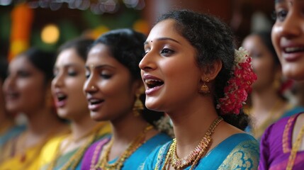 Fototapeta premium Women singing in traditional attire colorful group portrait