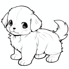 A cartoon illustration of a fluffy white puppy with big eyes and a curled tail standing still