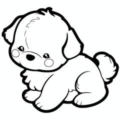 Illustration of a cartoon dog with big eyes and fluffy fur in black and white outline style