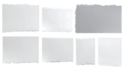 Collection of eight torn paper pieces showcasing various sizes and irregular edges with a mix of white and light grey shades.