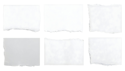 Collection of Six White Torn Paper Pieces with Rough Edges.