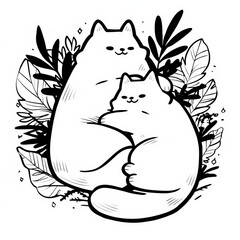 Two cats hugging surrounded by leaves in a black and white illustration line drawing style