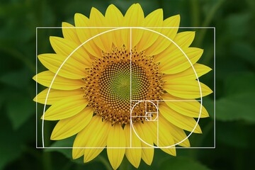 Natural fractal geometry reveals repeating patterns in nature. A vibrant sunflower showcasing the golden spiral pattern of the Fibonacci sequence in its center