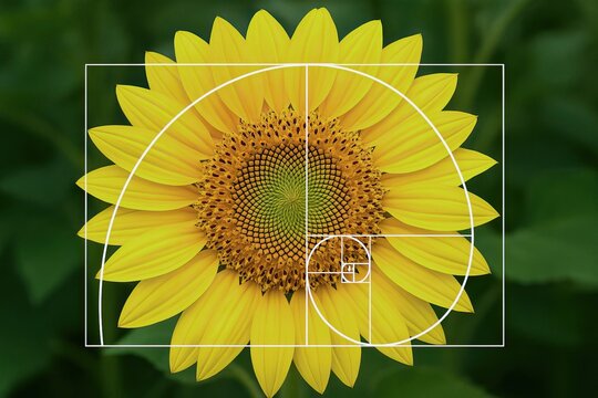 Natural fractal geometry reveals repeating patterns in nature. A vibrant sunflower showcasing the golden spiral pattern of the Fibonacci sequence in its center