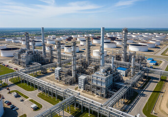 Oil refinery or power plant with intricate structures and pipelines against an evening sky