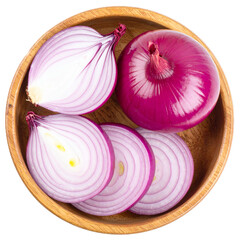 whole and sliced red onions in wooden bowl top view isolated on white or transparent png
