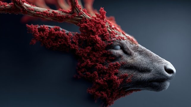 Abstract deer head with vibrant red foliage and dark background