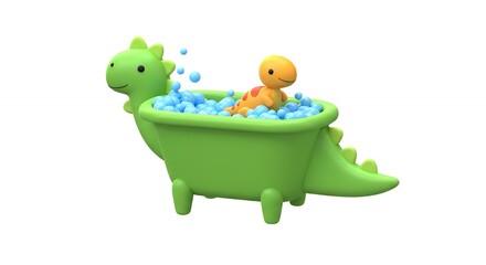 Fototapeta premium Cute dinosaur shaped bathtub with duckling