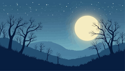 Night Landscape with Full Moon and Bare Trees in Silhouette