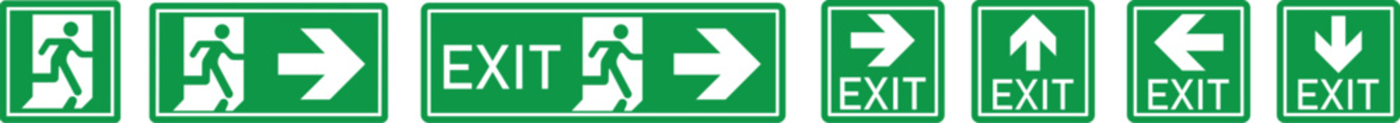 Emergency Exit Icon set. Vector illustration of running man and exit door sign. Escape and evacuation symbol. Various exit sign isolated white background.Evacuation and relocation of people to safety.