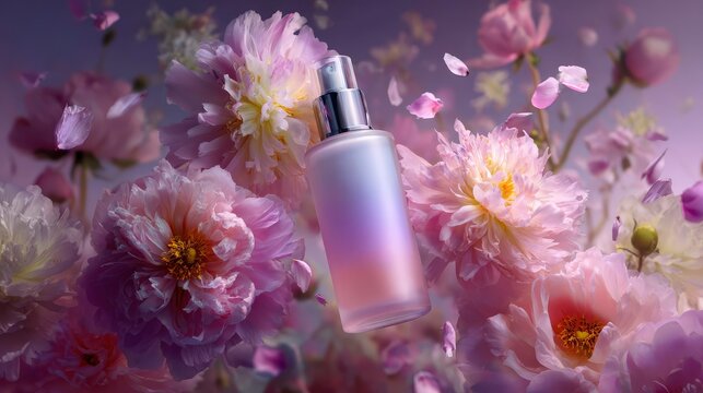 Luxurious beauty product floating in pastel floral background, elegant glass pump bottle