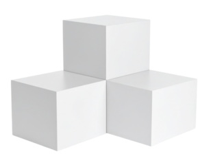 Three white cubes stacked with two on the bottom and one centered on top, showing clean edges and smooth surfaces.
