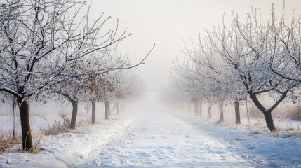 A winter's day pathway lined with frosted trees.