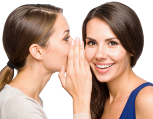 Two women, one whispering a secret to the other, who smiles brightly against a black background.