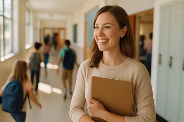 A smiling teacher stands with a clipboard in a school hallway, monitoring students and maintaining an orderly environment