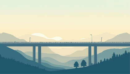 Obraz premium Serene Mountain Landscape with Bridge and Forest in Soft Pastel Colors