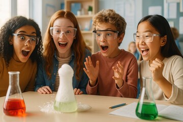 Obraz premium Children react with joy while observing a bubbling science experiment in class, enhancing interest in chemistry