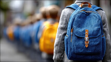 Obraz premium Blue Denim Backpack on Child in Line at School with Yellow Packs