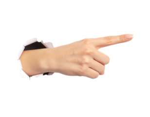 A human hand pointing with the index finger extended, emerging through a torn surface.