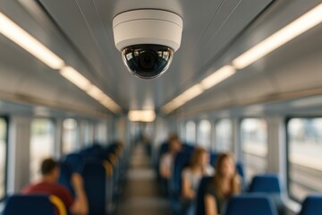 Close-up of security camera mounted on train ceiling, focused on public safety and passenger surveillance
