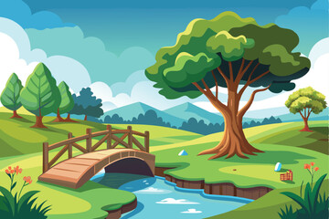 Serene Spring Landscape Picturesque Bridge, Lush Greenery, and Rolling Hills