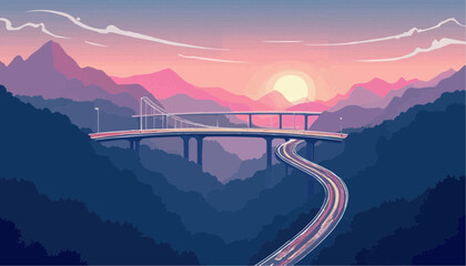 Obraz premium Sunset Mountain Landscape with Winding Highway and Bridge in Pink Purple Sky