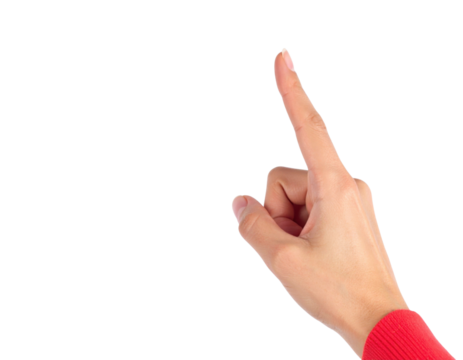 A right hand with the index finger extended upward, wearing a red long-sleeve garment.