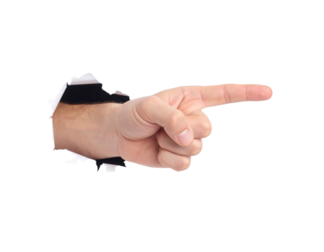 A human hand extends through a torn surface, pointing directly to the right with the index finger.