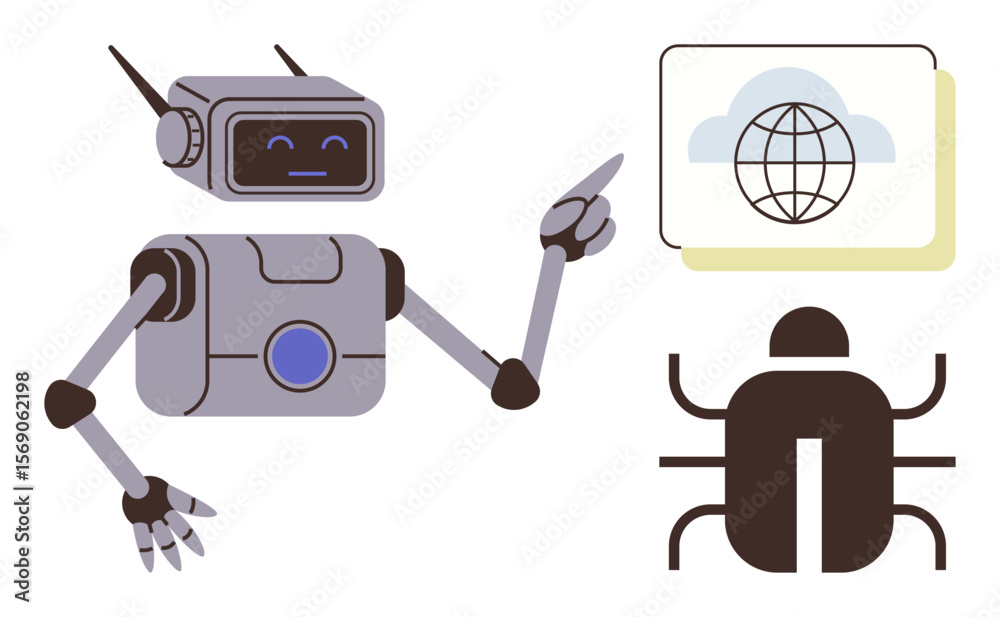 Poster humanoid robot pointing at a screen with a globe and cloud, alongside a bug icon. ideal for ai solut
