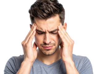 A young man in a gray shirt is pressing his temples, displaying a pained expression suggestive of a headache or stress.