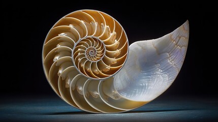 Natural fractal geometry reveals repeating patterns in nature. A close-up of a polished nautilus shell showing its intricate spiral chambers and smooth, glossy texture against a dark background.