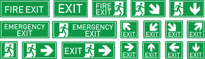 Emergency Exit Icon set. Vector illustration of running man and exit door sign. Escape and evacuation symbol. Various exit sign isolated white background.Evacuation and relocation of people to safety.