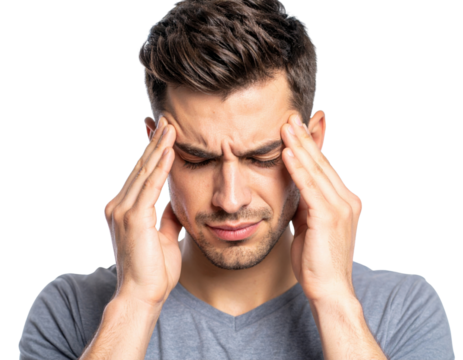 A young man in a gray shirt is pressing his temples, displaying a pained expression suggestive of a headache or stress.