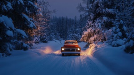 A vintage truck on a snowy winter night.